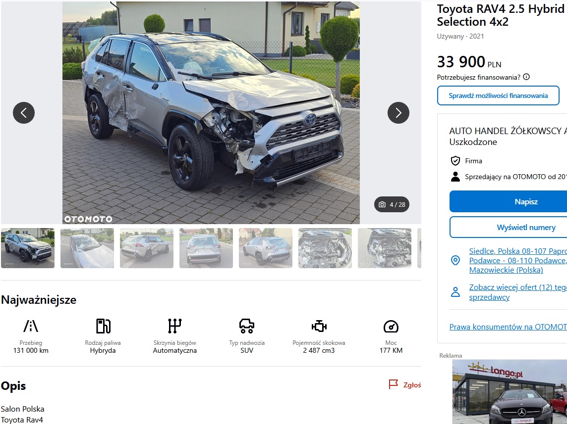 uszkodzony przód, dach i poduszki