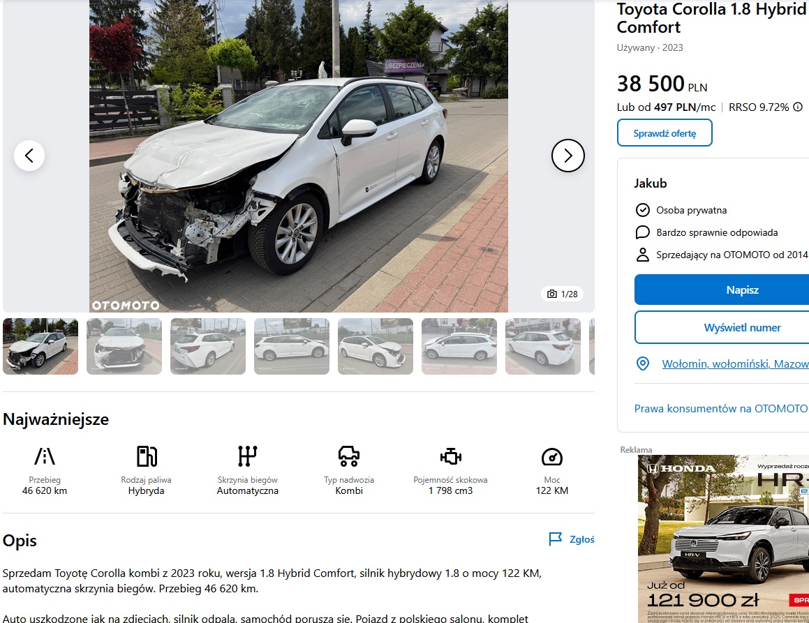 Numer rejestracyjny KK 3440C posiada TOYOTA Corolla 1.8 Hybrid MR`23 E6d Comfort+Tech e-CVT - KK3440C