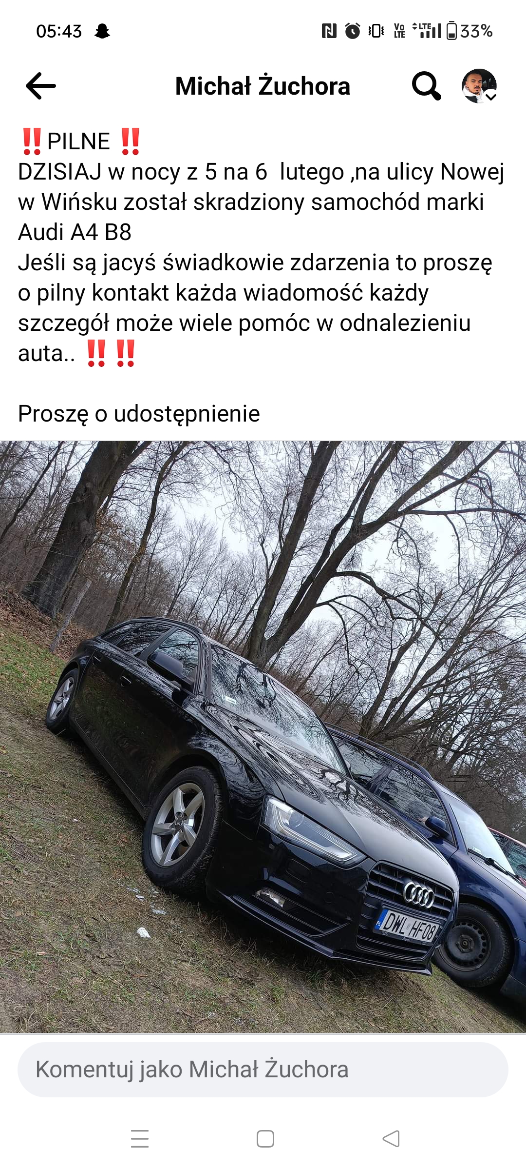 W nocy miedzy 5.02 a 6.02 została skradziona audi a4 w miejscowości Wińsko 56-160 . Cechy charakterystyczne ...