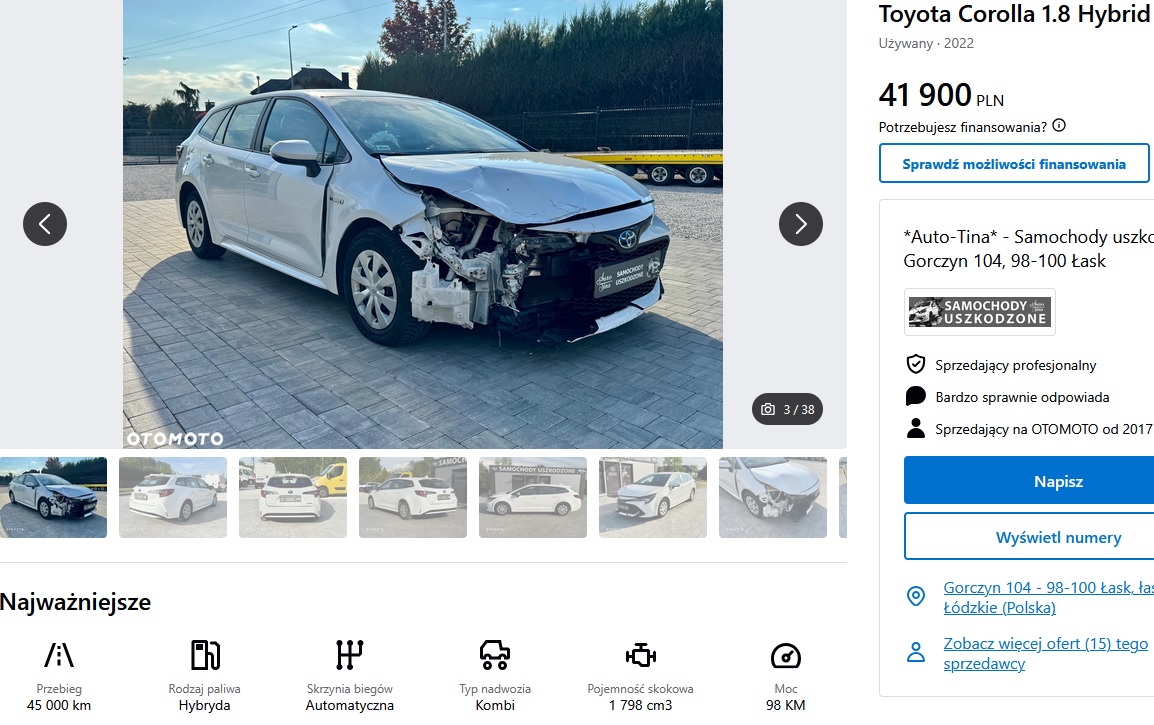 Numer rejestracyjny WWL5037S posiada TOYOTA COROLLA