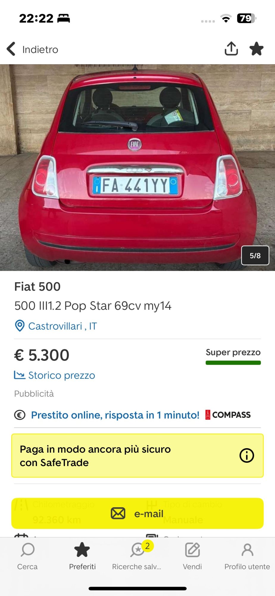 Numer rejestracyjny FA441YY posiada FIAT 500