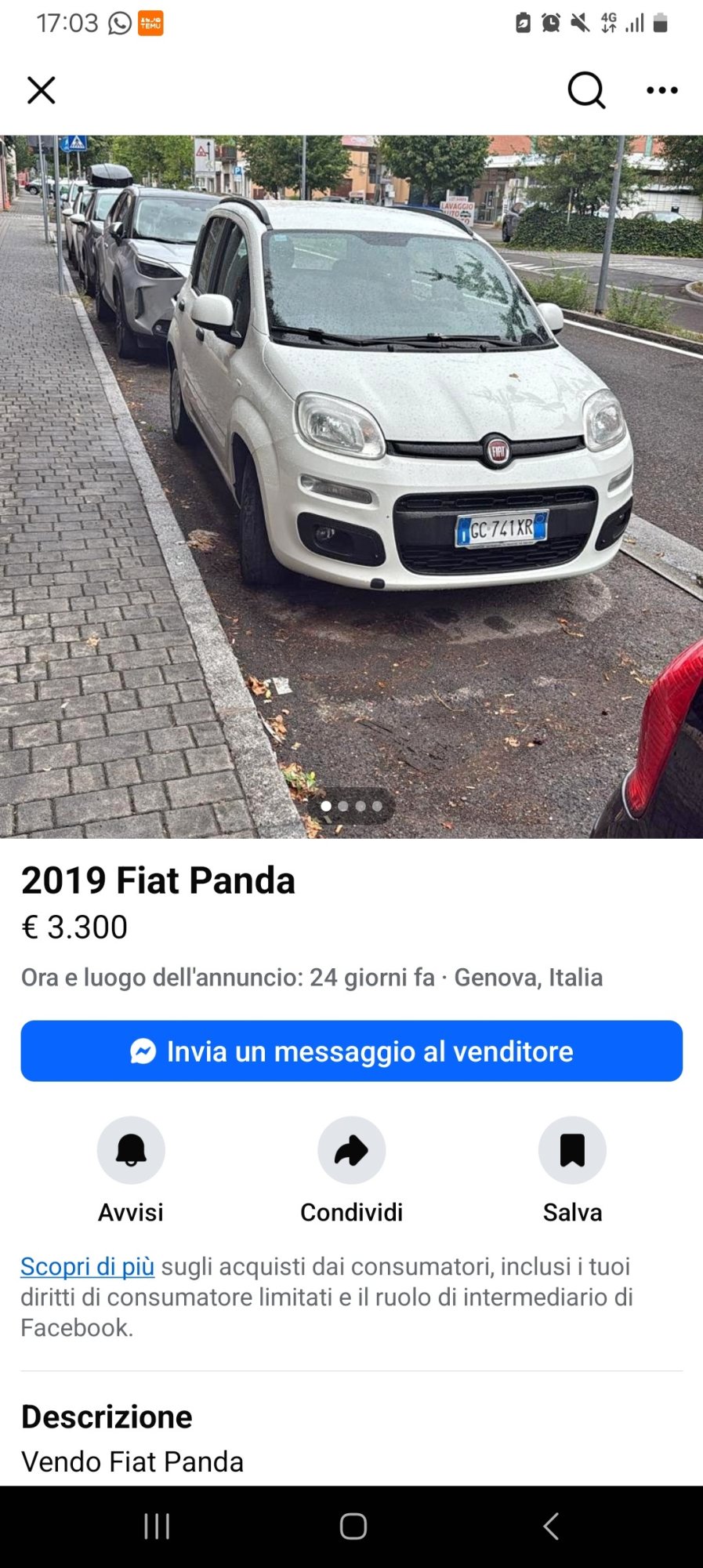 Numer rejestracyjny GC741XR posiada FIAT Panda 3a serie