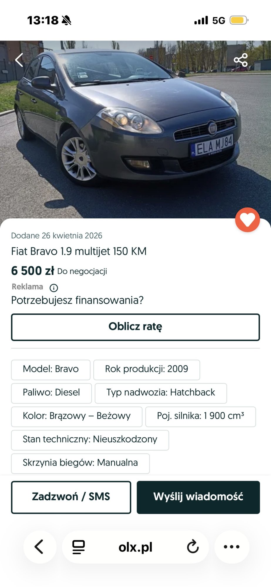 Numer rejestracyjny ELA MJ84 posiada FIAT Bravo II 1.9 M-jet MR`07 E4 Dynamic - ELAMJ84