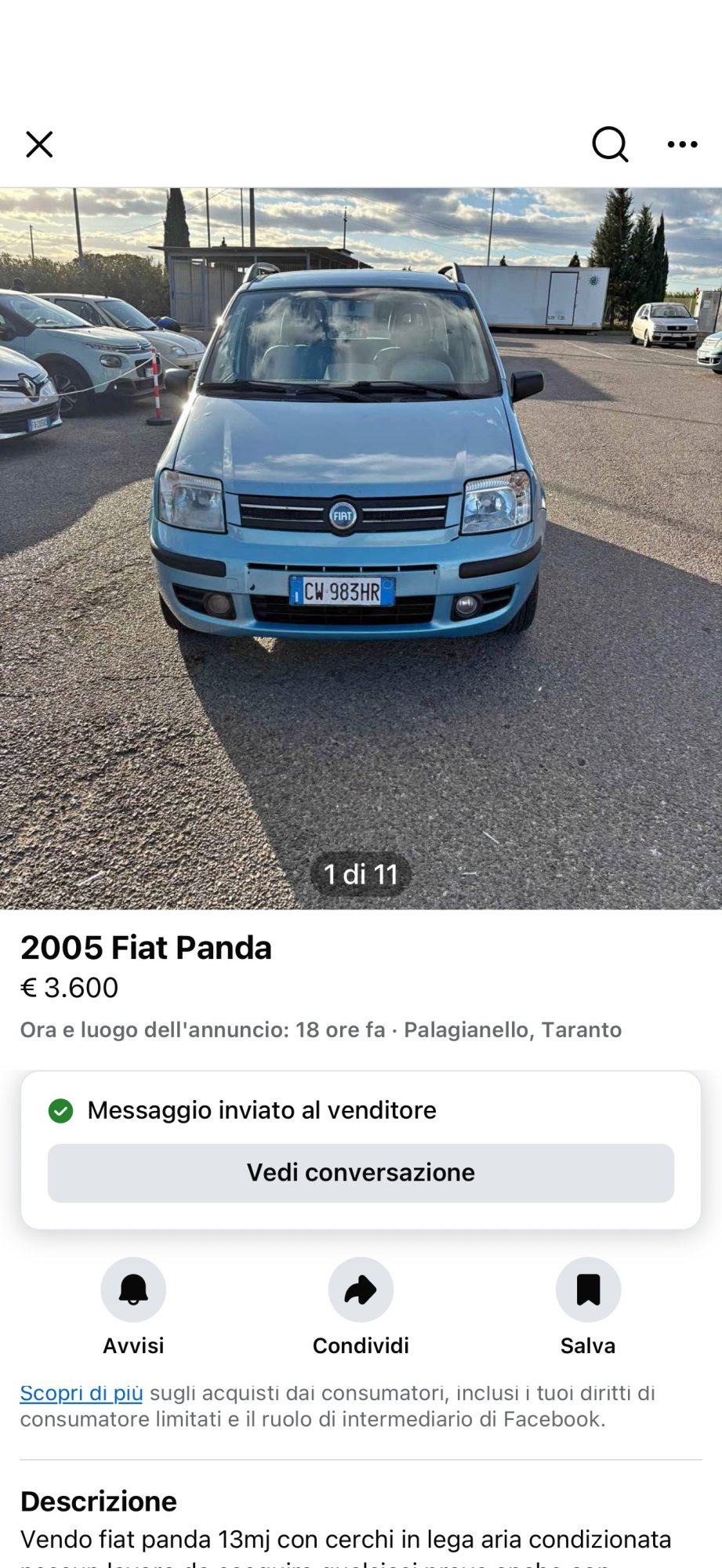 Numer rejestracyjny CW983HR posiada FIAT Panda 2a serie