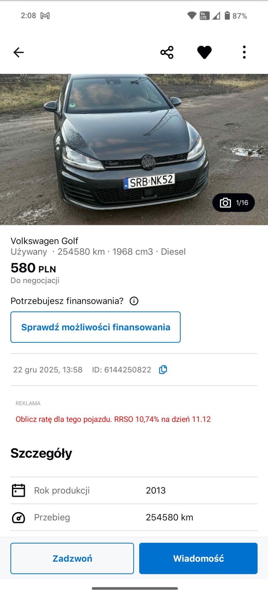 Numer rejestracyjny SRB NK52 posiada VOLKSWAGEN Golf VII 2.0 TDI-CR MR`12 E6 GTD BMT - SRBNK52