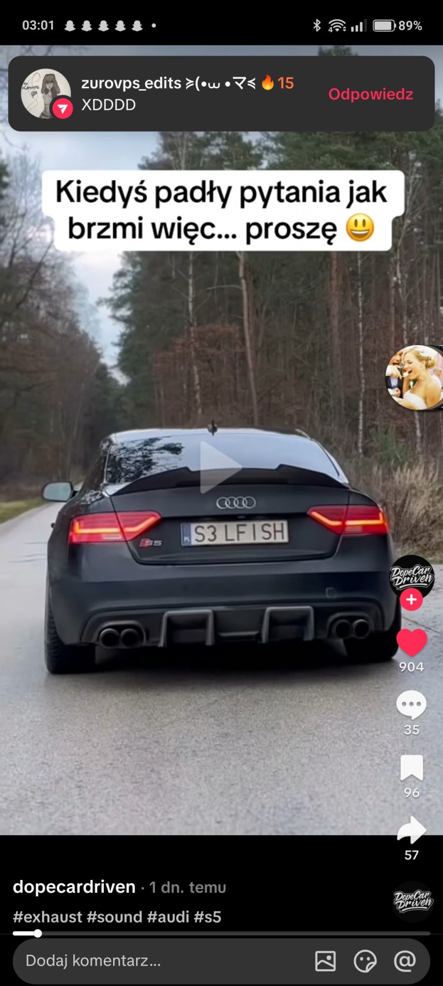 Numer rejestracyjny S3LFISH posiada AUDI S5