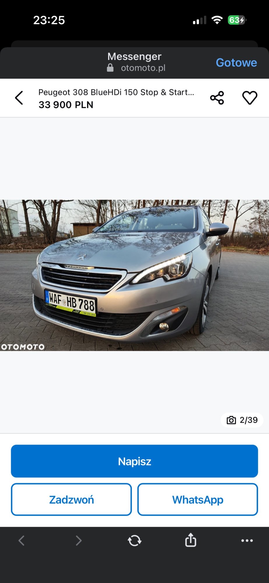 Numer rejestracyjny WAFHB788 posiada Peugeot 308